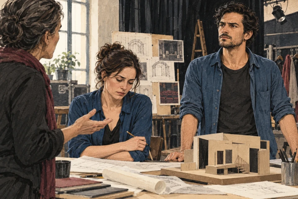 A colleague addresses two fictional characters in a rehearsal room: Mara draws back while Leo holds an upright posture.