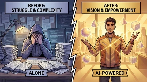 Before: a person facing implementation alone. After: a person directing implementation.
