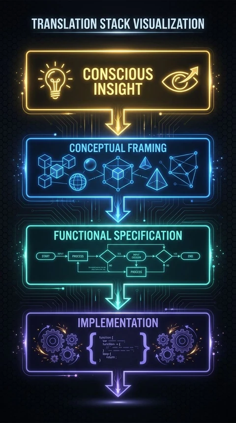 A translation stack from conscious insight through conceptual framing and functional specification down to implementation.