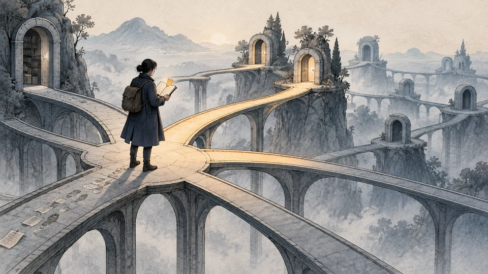 An investigator consults a notebook at a branching network of bridges; a remembered clue illuminates possible routes ahead.