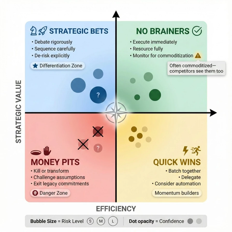 A four-quadrant portfolio matrix: Strategic Bets, No Brainers, Money Pits, and Quick Wins.