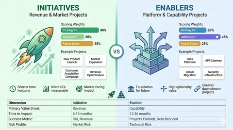 Initiatives compared with Enablers: revenue projects on one side, platform and capability projects on the other.