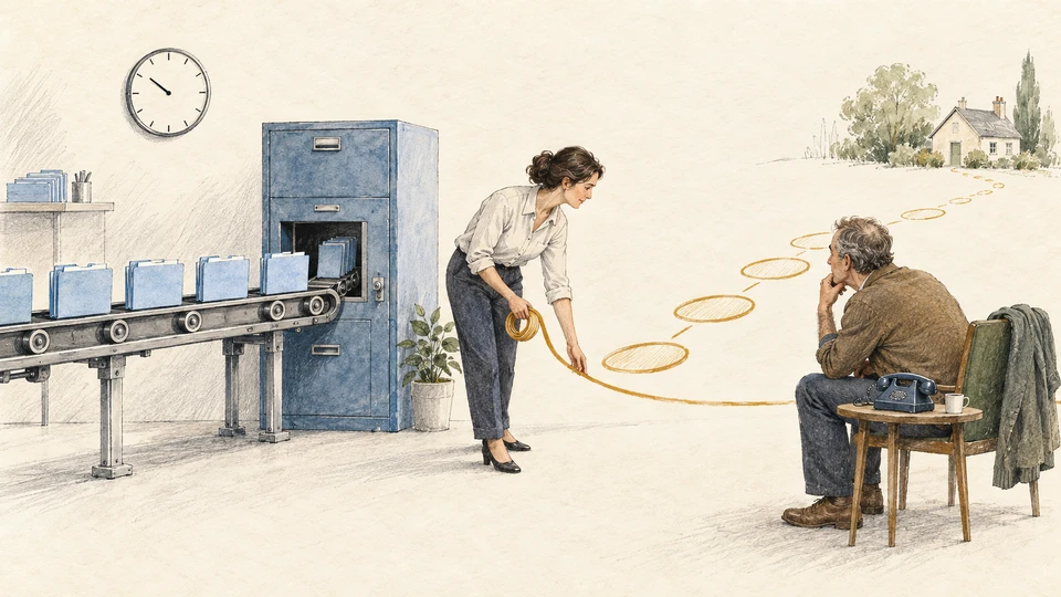 An efficient conveyor files claims while a customer waits by a telephone. A claims handler sketches a new path towards the customer's next steps and home.