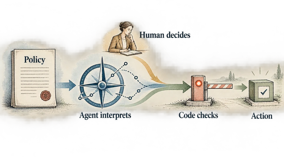Policy informs agent interpretation and human decisions. Their proposed work passes through a code checkpoint before it becomes action.