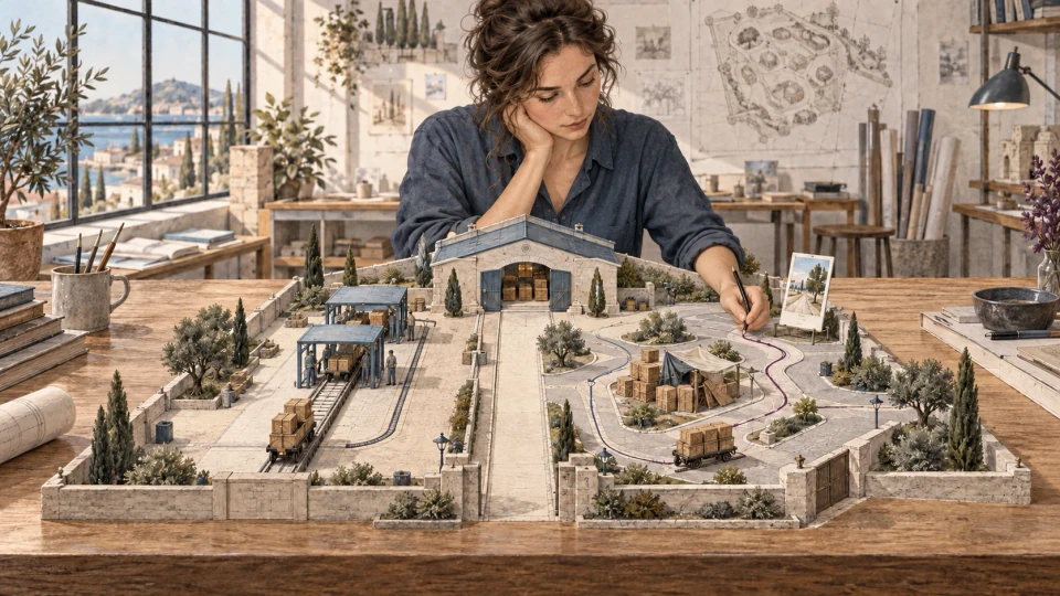 A fictional planner compares a fixed guide track with several bounded routes through a miniature logistics yard.