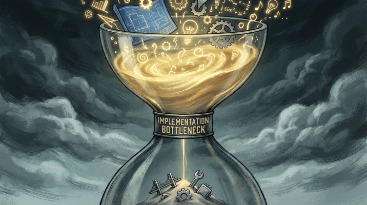 An hourglass labeled Implementation Bottleneck, with ideas pouring in above and only a few finished tools collecting below.