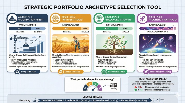 Four portfolio archetypes: Foundation First, Harvest Mode, Balanced Growth, and Moonshot.
